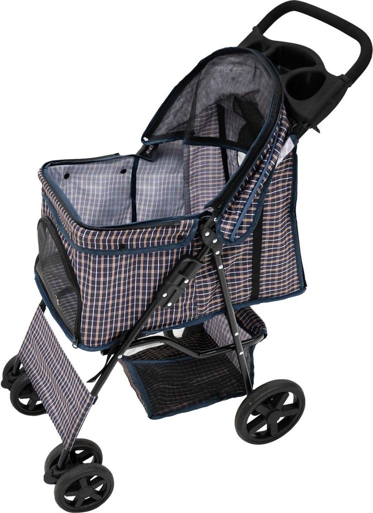 Haustierwagen, blauer Tartan-Träger, faltbarer Reisewagen, 15 kg Kapazität, 4 Räder, Bremsen, Katze, Hund, Sicherheitshaken, Leine, Kissen, Netz...
