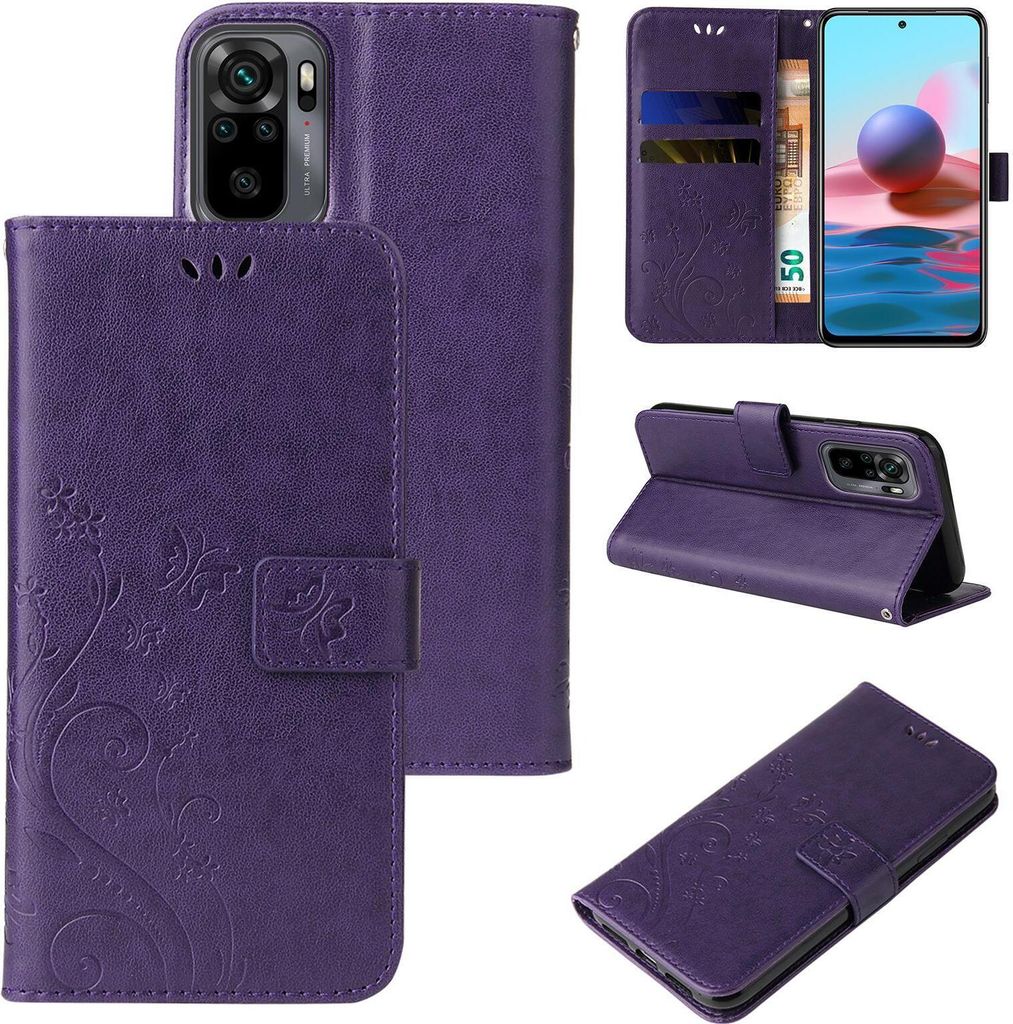 Handyhülle für Xiaomi Redmi Note 10 Floral Blumen Schmetterling Flip Cover Hülle Case Klapphülle Handytasche Farbe: Violett