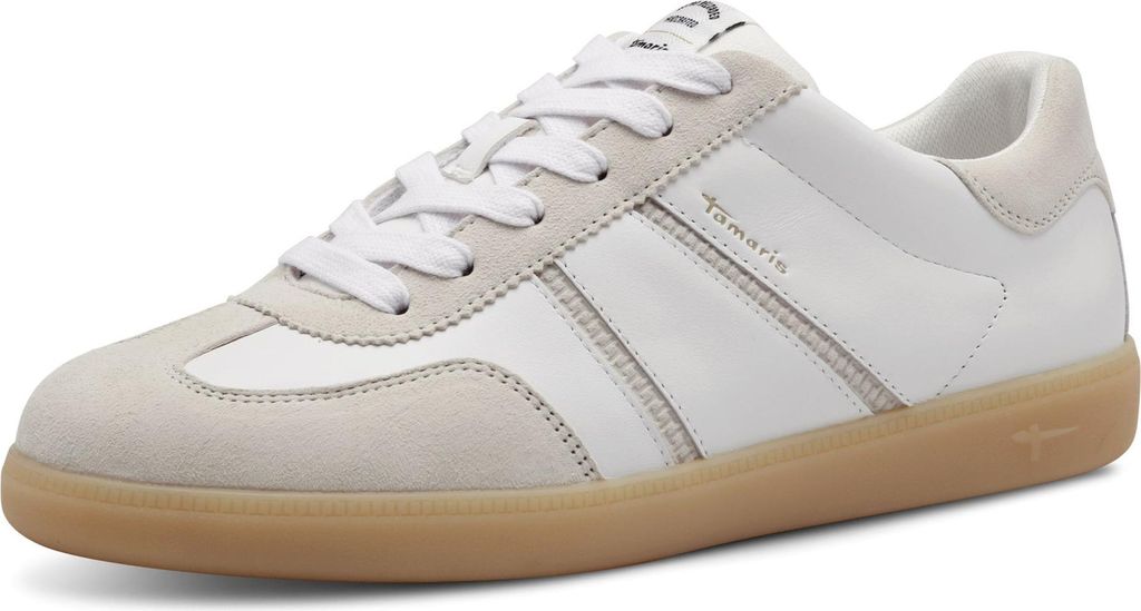 A single white and beige low-cut sneaker with a brown sole, shown from a side-diagonal angle against a white background.