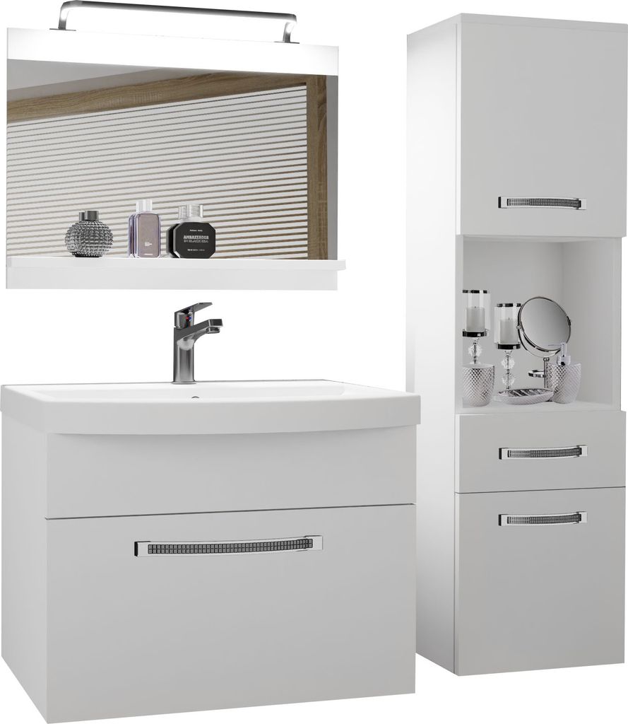 BELINI Badmöbel Vollausstattung Set Waschbeckenschrank, Hochschrank, Waschbecken, Spiegel, Lampe (Weiß, Matt)