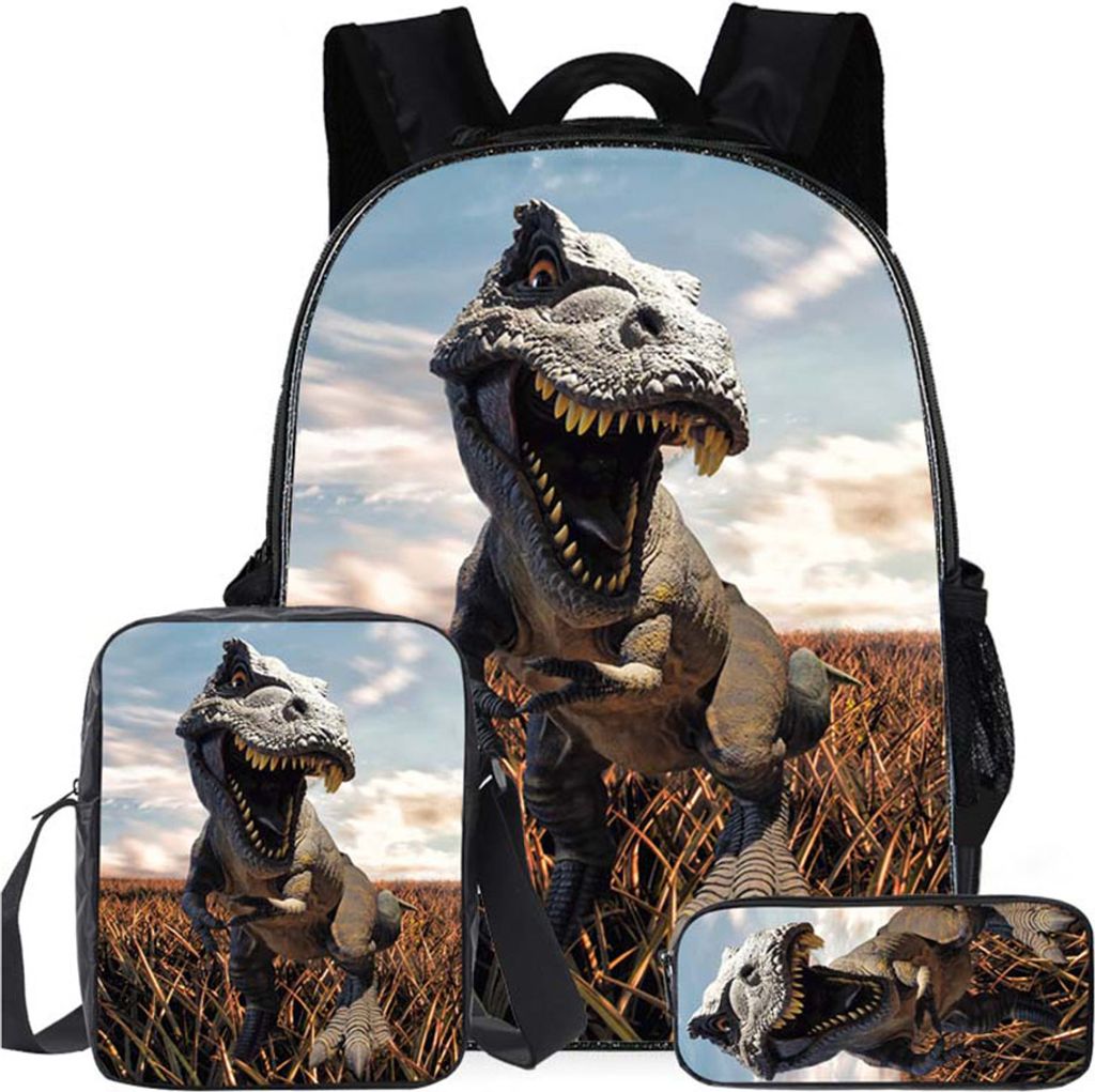 3 Stück Kinder Schulrucksäcke Dinosaurier Print Schultasche Schultertasche mit Lunchbag + Federmäppchen(16 Zoll,Braun)