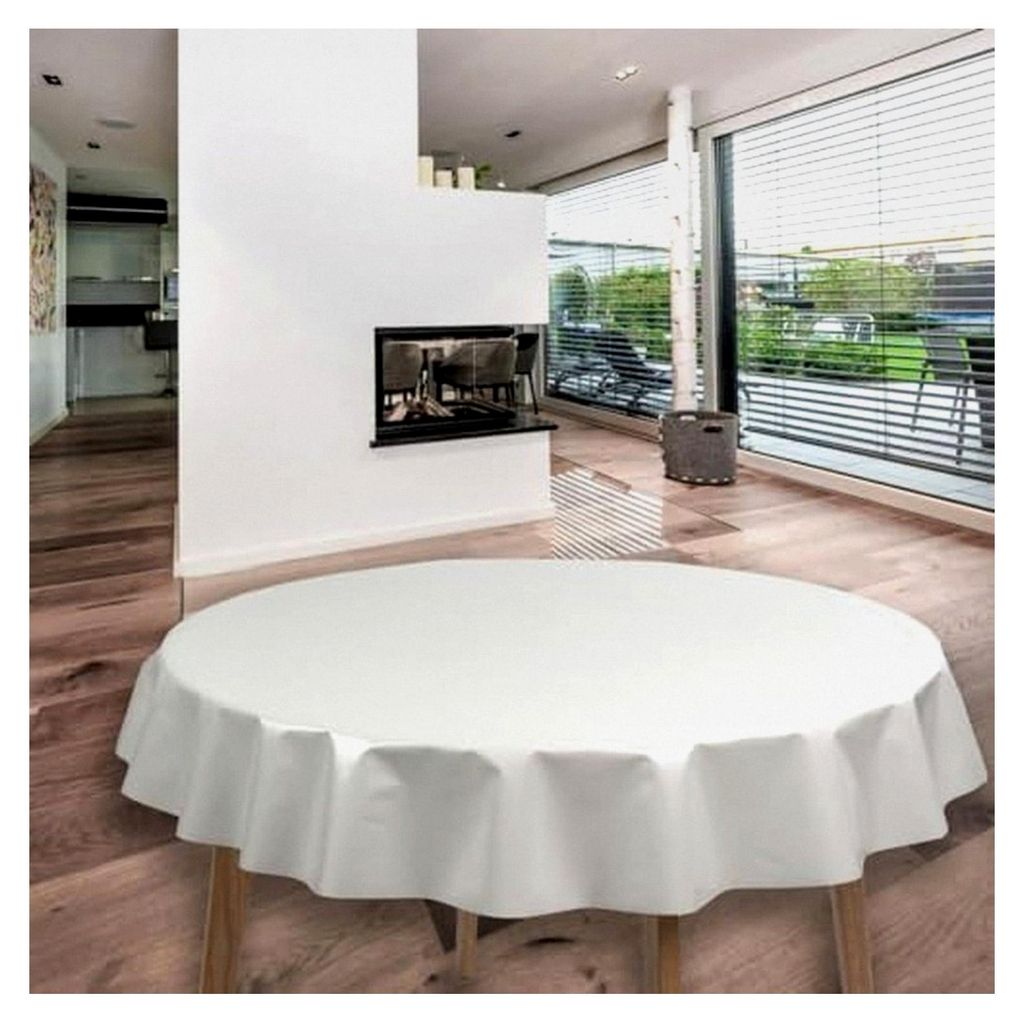 runde Tischdecke aus Wachstuch 140 cm abwaschbar PVC wasserabweisend, Muster: Uni Weiß