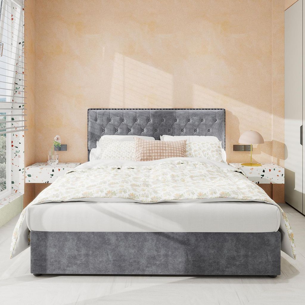 Sweiko Modern minimalist soft bed, comfortable and soft headboard, 140x200CM, gray, multifunctional bedroom furniture, high box bed body with pneum...