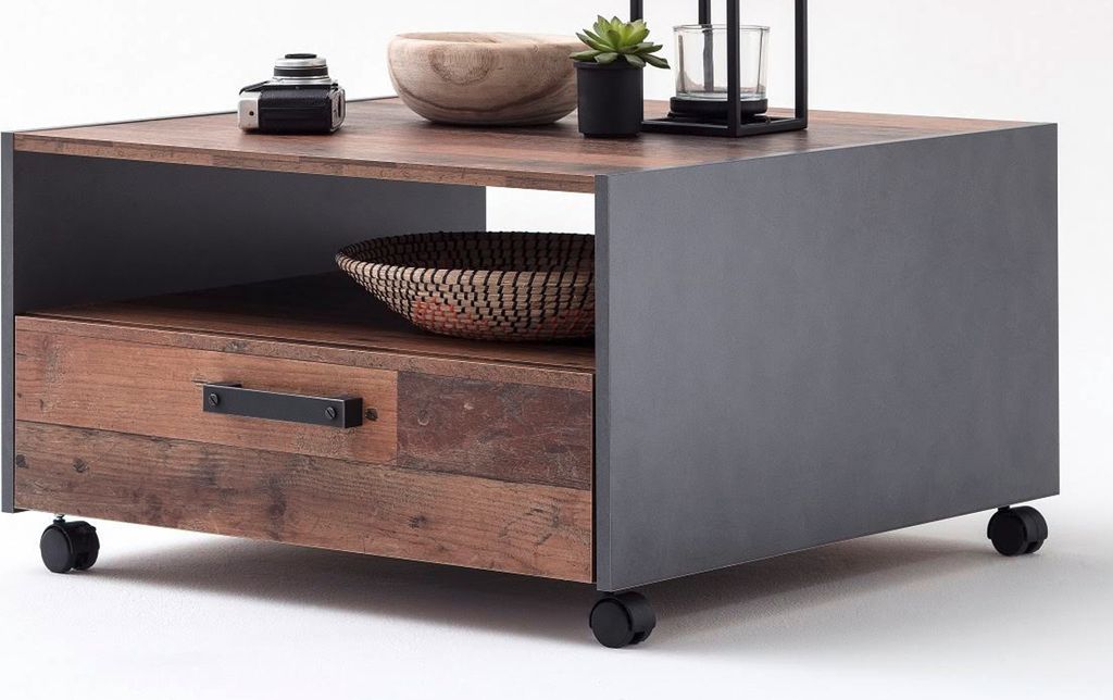Couchtisch "Indy" in Used Wood Shabby mit Schubkasten, auf Rollen 70 x 70 cm