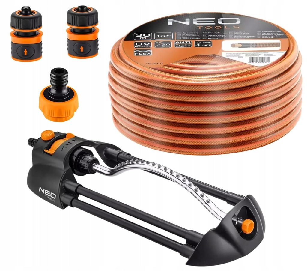 NEO TOOLS 5 tlg. Set: Gartenschlauch (1/2 Zoll, 30 m, 4-lagig, 20 bar) + Oszillierender Sprinkler 14 x 19 m + 3 Stück Anschluss Kit - StarterSet