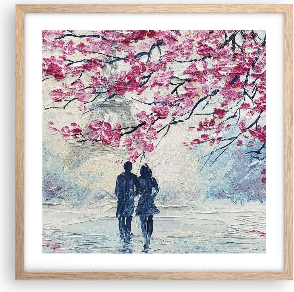 Gerahmtes Poster - Rahmen in heller Eiche - Paar Paris Baum - 50x50 cm - Wand Bild - Wanddeko - Wandbilder - Kunstposter - Wandposter - Bilderrahme...