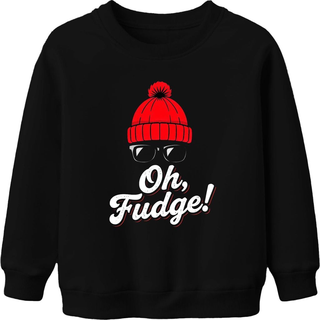 Oh Fudge! Weihnachten Lustig Spruch Mütze Brille Winter Hipster Uni Kinder Sweatshirt Pullover, Schwarz, 152