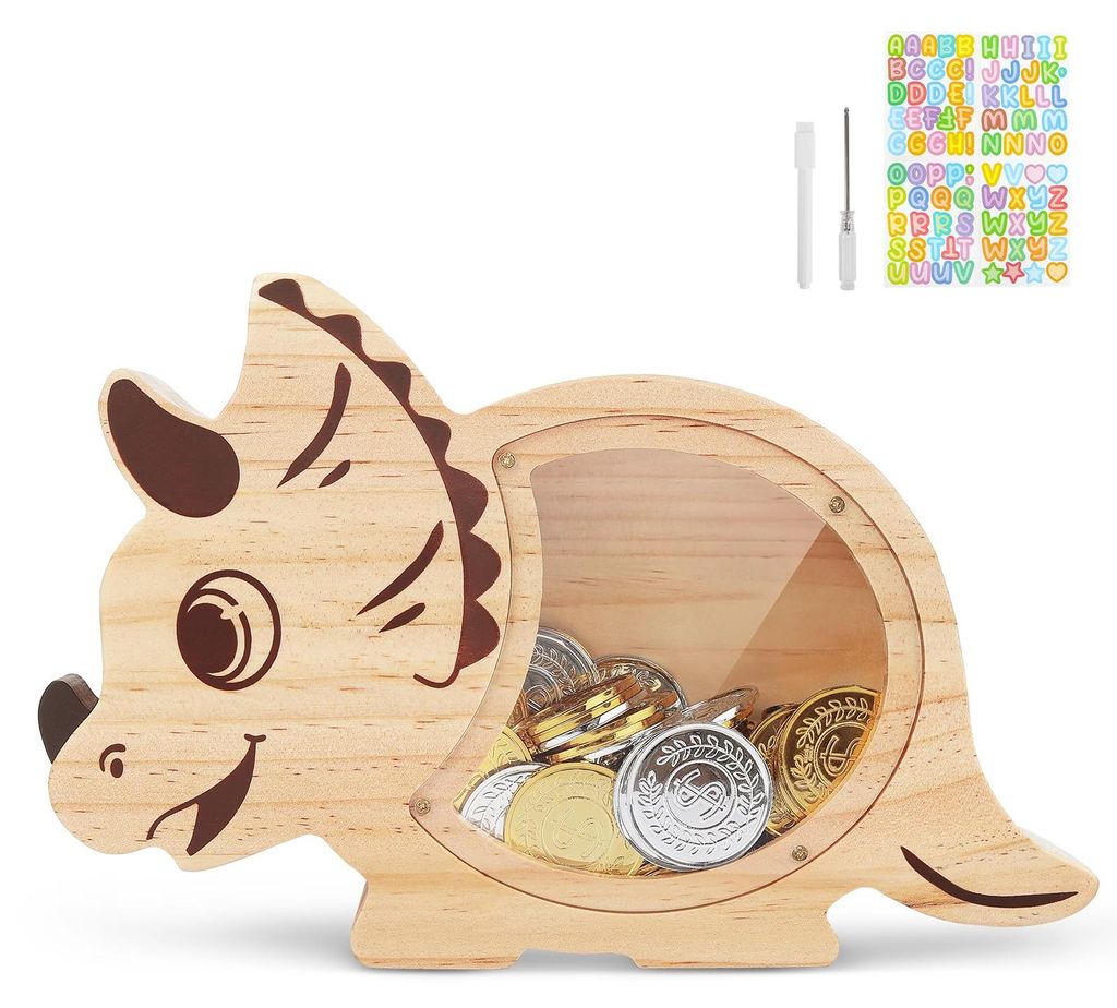 Kinder-Sparschwein mit Sparziel, Stift und Aufkleber, personalisierbar, aus Holz, wiederverwendbar, für Mädchen, Jungen und Kinder – Traktoren