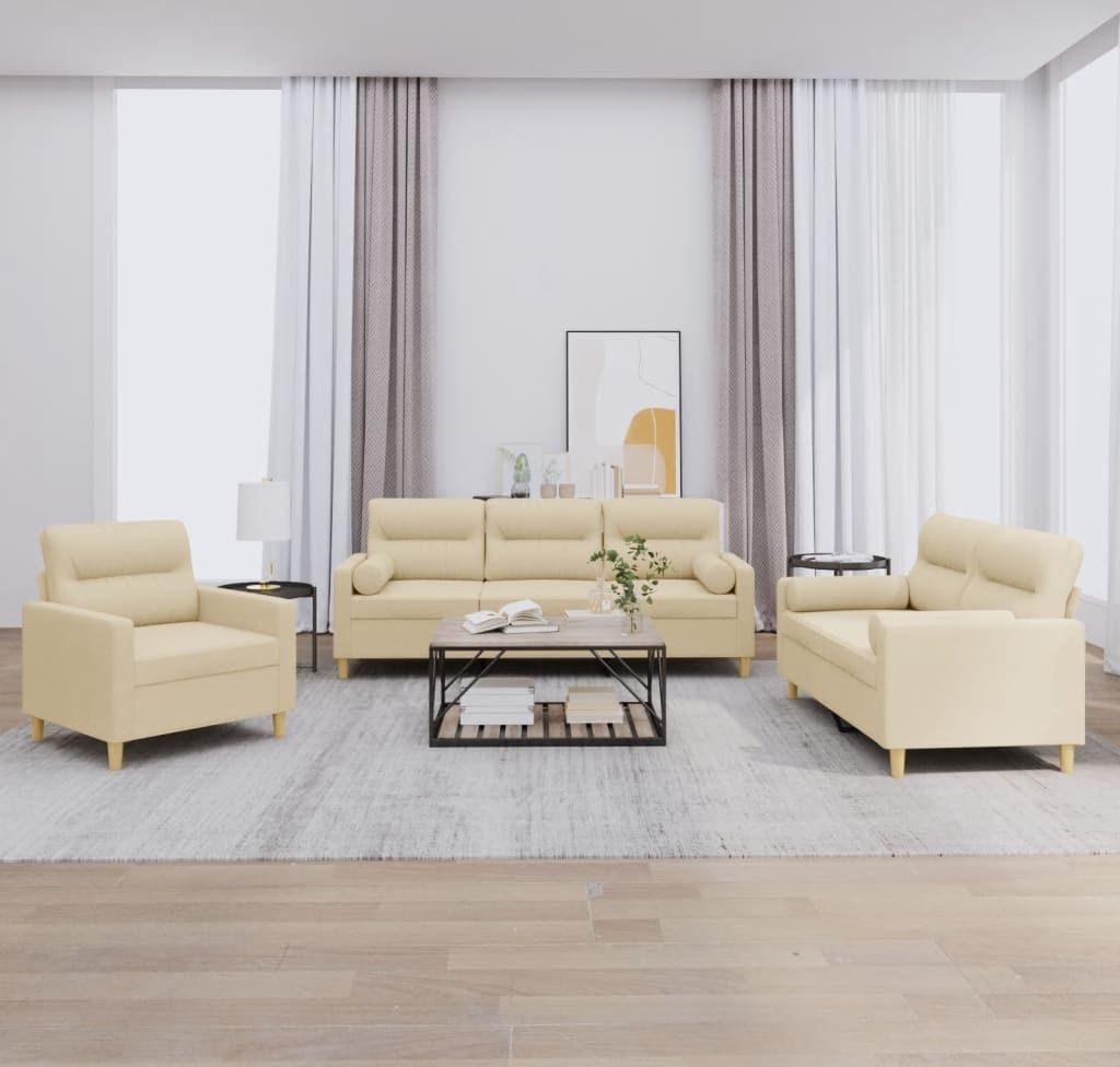 Möbel 3-tlg. Sofagarnitur mit Kissen Creme Stoff - Klassische Sofas 3201554