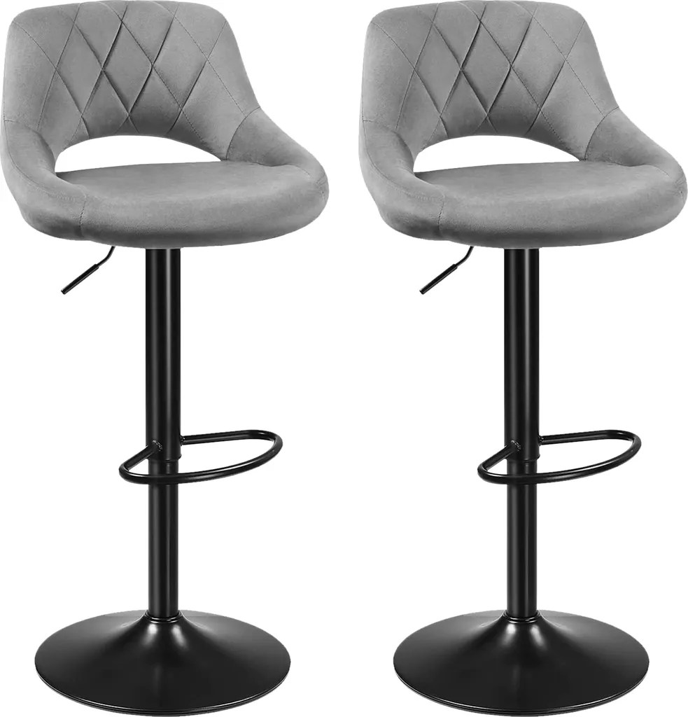 Tabouret de bar velours gris clair avec pied métal et vérin réglable
