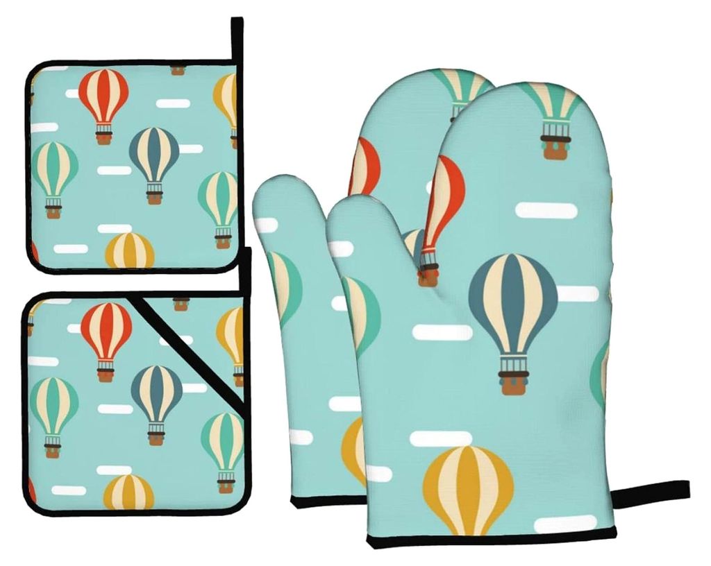 4-teiliges Set aus Ofenhandschuhen und Topflappen, rutschfest, waschbar, hitzebeständig für Mikrowelle, Grillen und Backen