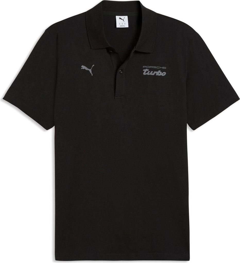 Porsche Legacy Poloshirt Turbo Puma, Offizieller Fanartikel, Schwarzes Poloshirt mit Porsche Turbo Schriftzug und Polokragen, 100% Baumwolle