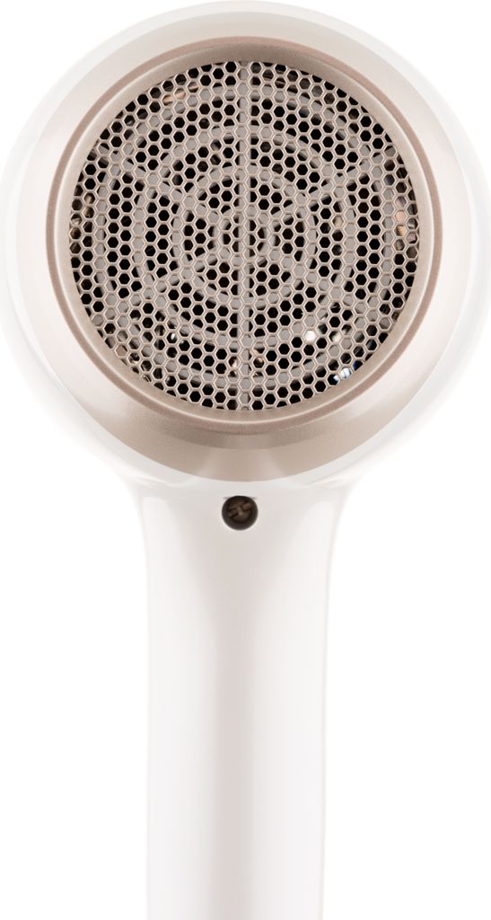 Close-up of the back of a white hairdryer, showing the air intake grille.