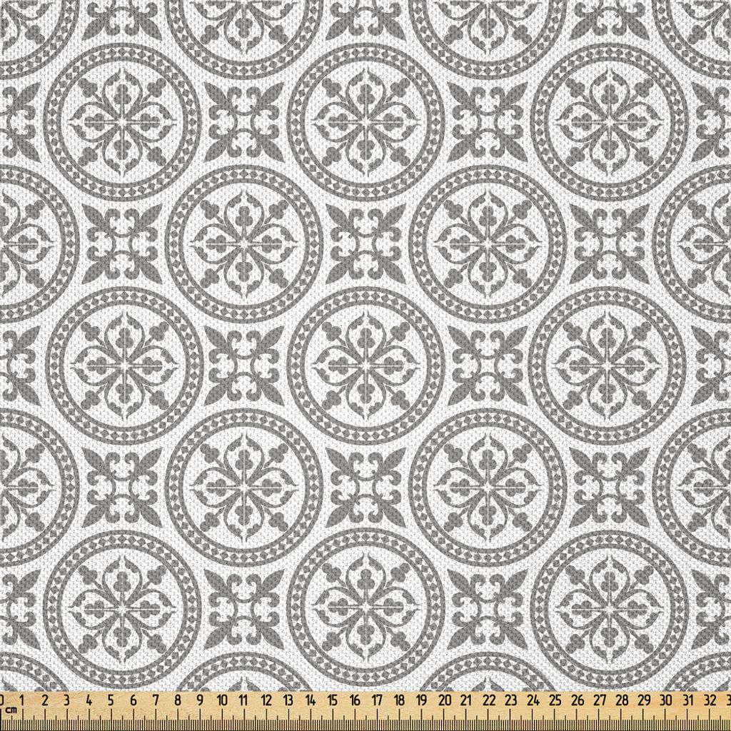 ABAKUHAUS Grau und Weiß Satin Stoff als Meterware, Nahöstliches Mosaik-antikes Muster-viktorianische barocke Damast-Einflüsse, 1 M (148 x 100 cm...