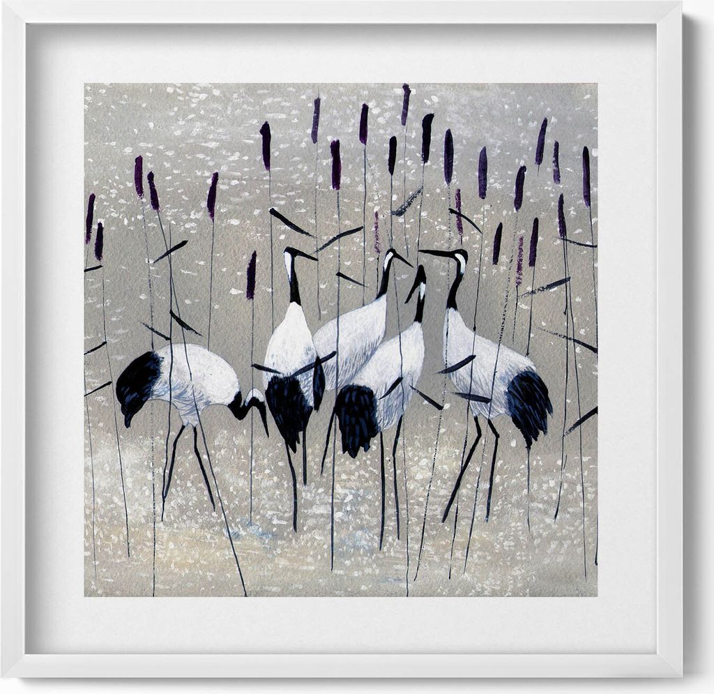 Kraniche im Schilf– Wandbild mit Rahmen – Gerahmtes Bild – Wanddekoration – 50x50 cm – Weiß Rahmen