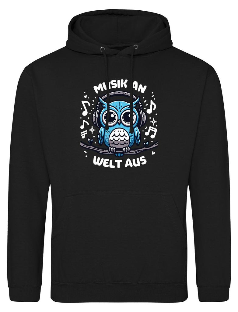 Huuraa Uni Hoodie Musik an Welt aus Eule S Deep Black Vegan Sweatshirt Geschenkidee