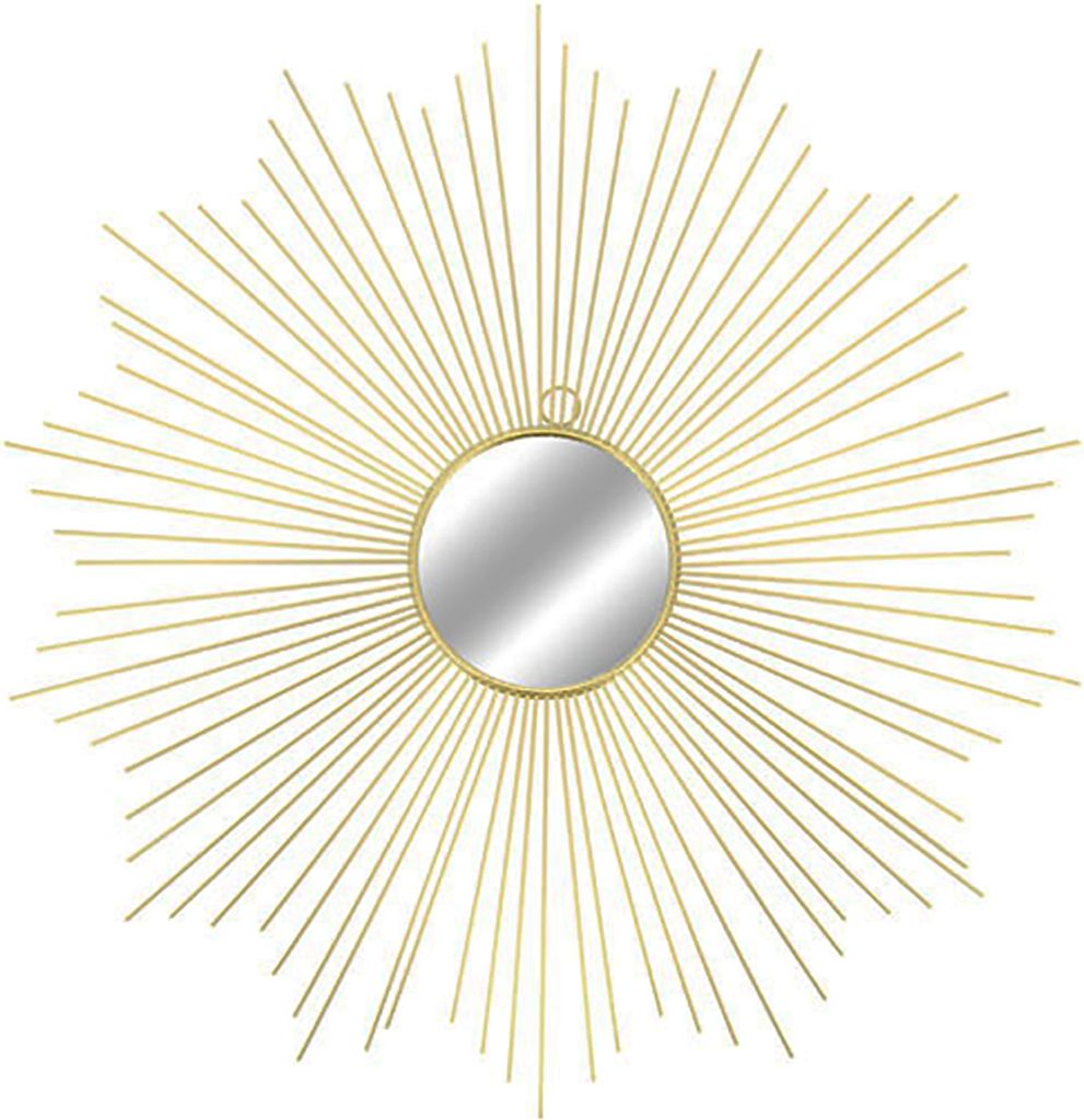 A gold sunburst mirror on a white background.