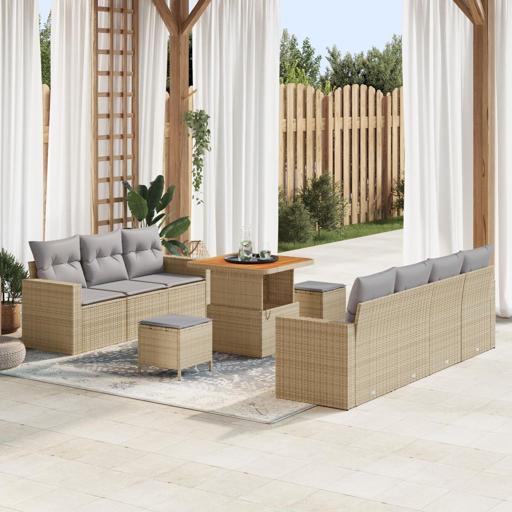 Möbel 10-tlg. Garten-Sofagarnitur mit Kissen Beige Poly Rattan Akazie - Gartensofas 3363527