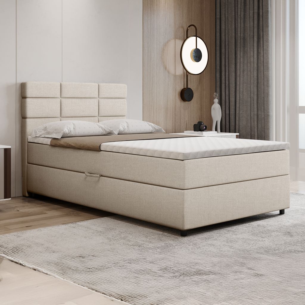 Boxspringbett 120x200, mit Bettkasten, Beige, Matratze und Topper, Einzelbett, REVE, Panda Möbel