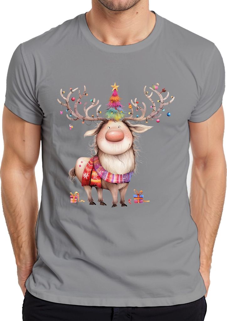 Weihnachtsrentier niedlich buntes Geweih Weihnachtsbaum Geschenk Herren T-Shirt, Grau, M