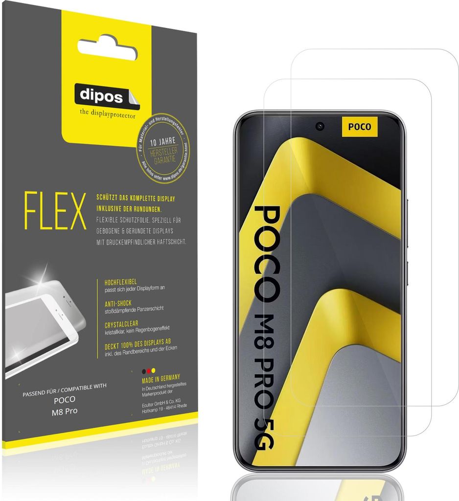 2x Schutzfolie für POCO M8 Pro Folie, 100% Displayabdeckung, dipos Flex