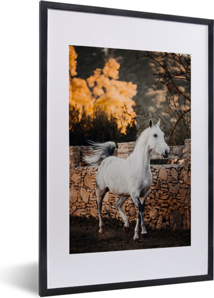 MuchoWow Gerahmtes Poster Pferd - Weiß - Baum - Sonne 40x60 cm - Poster mit Schwarzem Bilderrahmen Wandposter Rahmen Foto Bilder - Poster in Rahmen