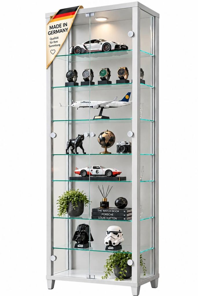 AGIONDA Standvitrine mit LED-Beleuchtung, Glasvitrine und Produktbild 