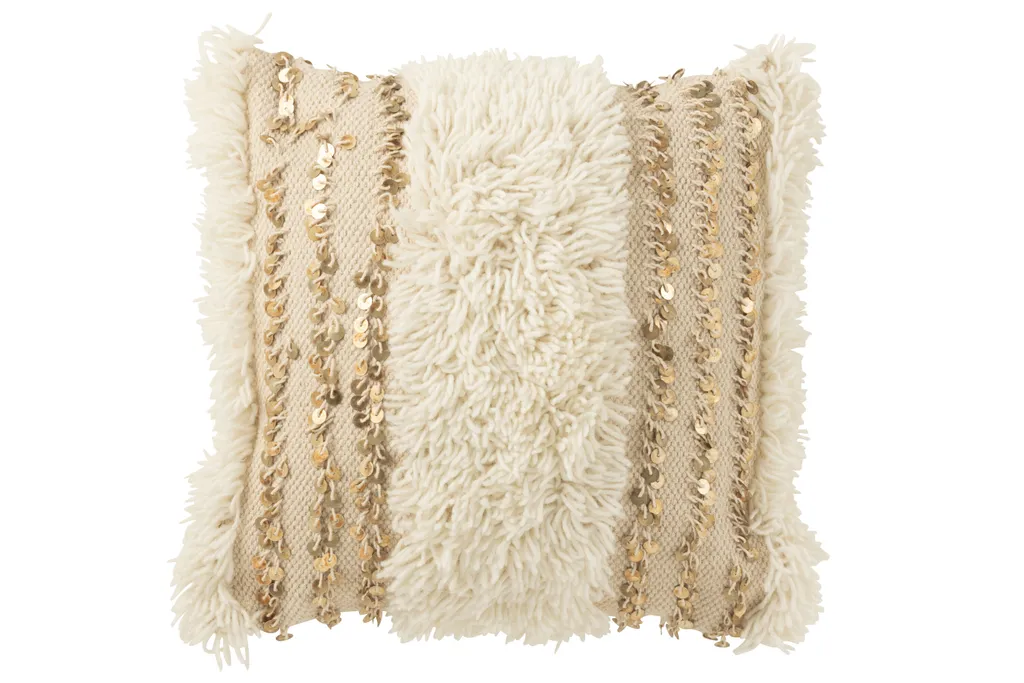 Coussin Square Lines à paillettes dorées laine et coton crème J-Line