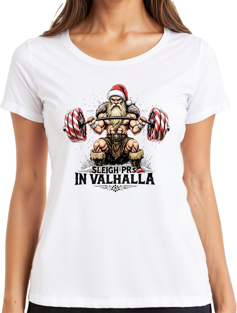 Sleigh PRs In Valhalla Powerlifting Weihnachtsmann Geschenk Gym Damen T-Shirt, Weiß, XXL