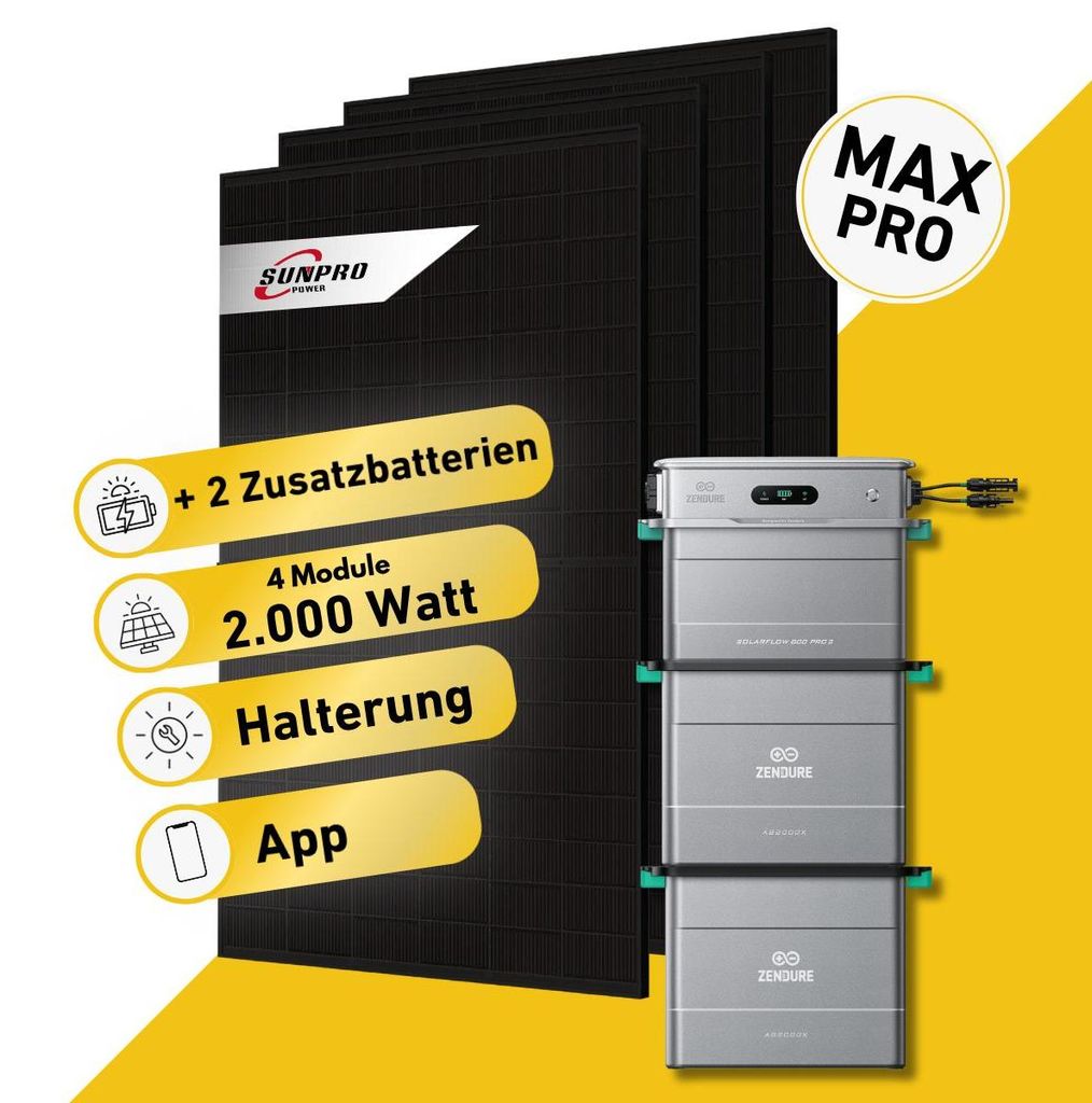 2000 Watt, Bifazial Komplettset, Balkonkraftwerk, Zendure Solarflow 800 Pro 2, 2 x AB2000L Zusatzbatterie, Halterung Fassade 90 Grad