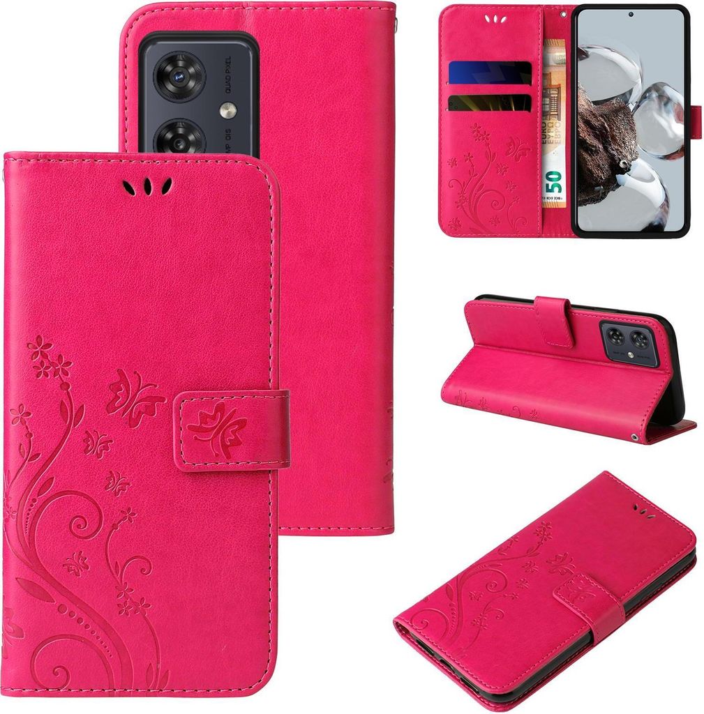 Handyhülle für Motorola Moto G54 Floral Blumen Schmetterling Flip Cover Hülle Case Klapphülle Handytasche Farbe: Pink