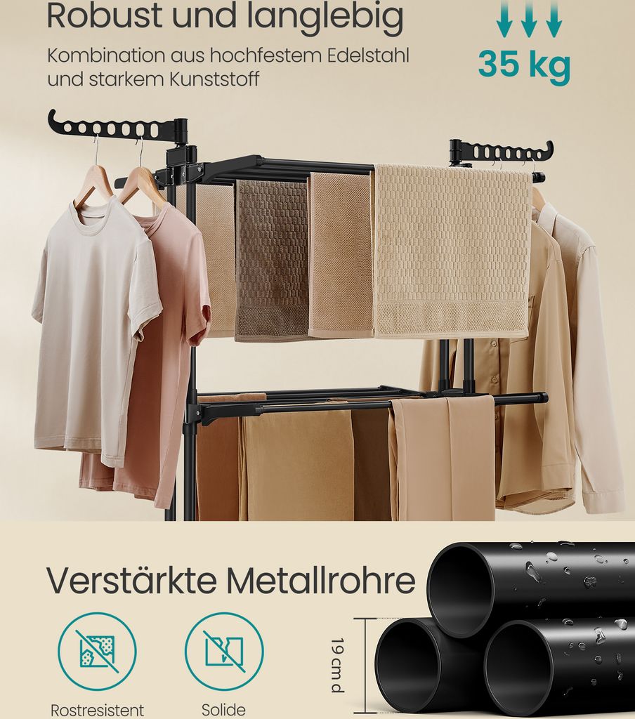 SONGMICS Wäscheständer 4 Ebenen | Klappbarer Standtrockner Mit Rollen 63,5x128cm