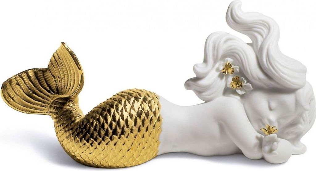 Casa Padrino Luxus Porzellan Figur Meerjungfrau Weiß / Gold 16 x H. 8 cm - Luxus Wohnzimmer Dekoration