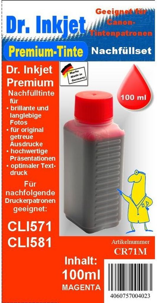 CR71M - magenta - Dr.Inkjet Premium Nachfülltinte 100ml für Canon Druckerpatronen für CLI571 / CLI581