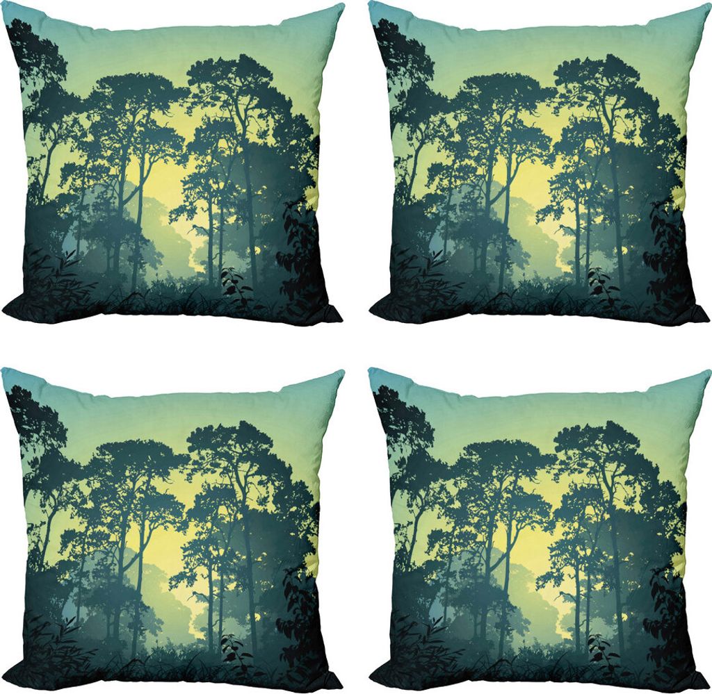 ABAKUHAUS Natur Kissenbezug Set (4 Stück), Nebelwald Baum-Szene, Moderner Doppelseitiger Digitaldruck, 45 cm x 45 cm, Hunter and Green