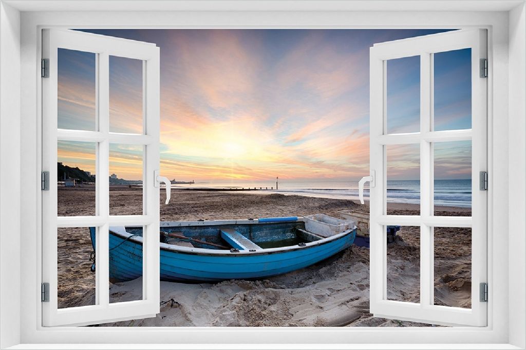 Wallario Poster mit Fenster-Illusion: Fischerboot am Strand bei Sonnenuntergang, Größe: 100 x 150 cm