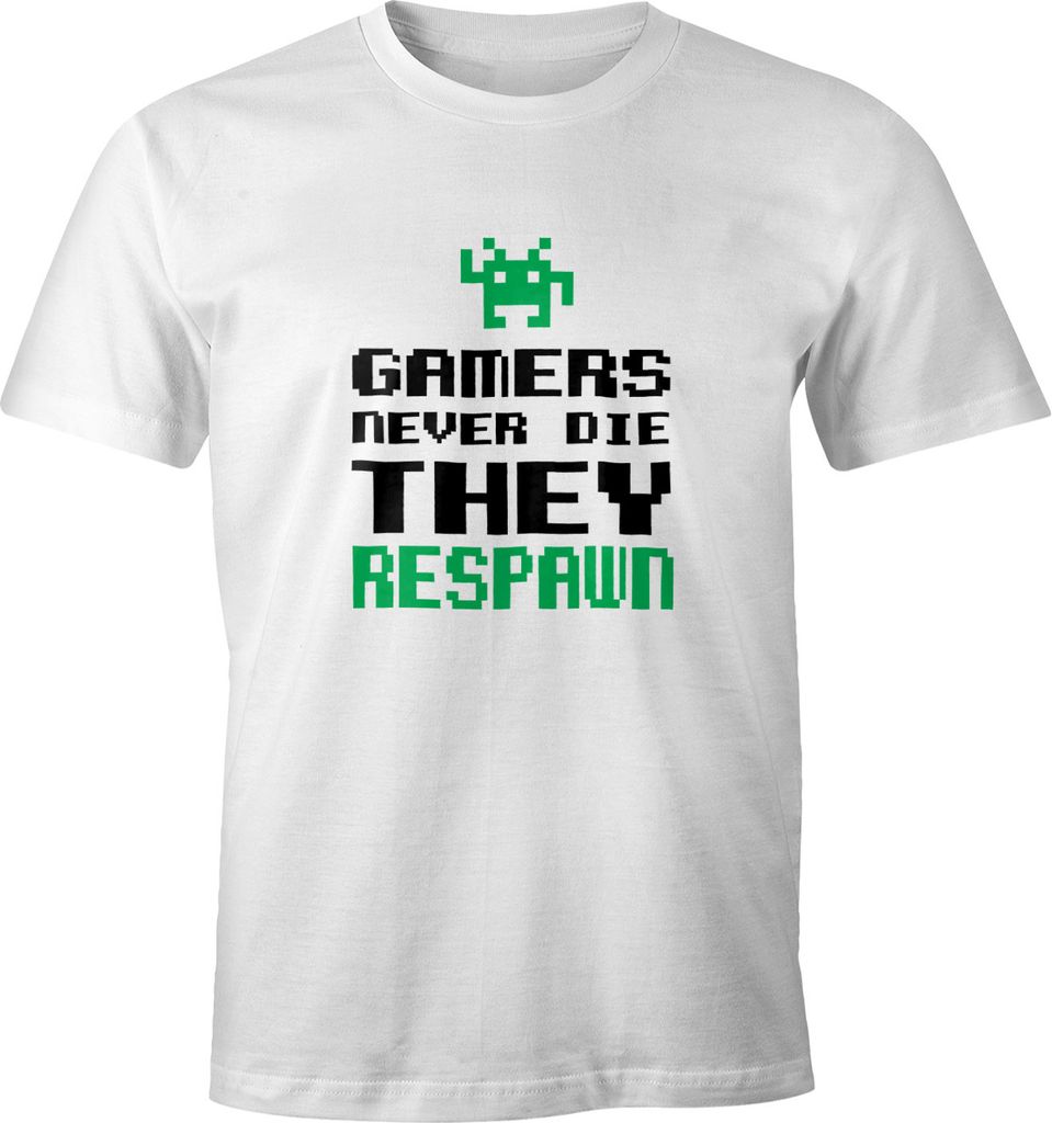 Herren T-Shirt Gamers never die they respawn Spruch Pixel Zocker 90er 80er Retro Fun-Shirt Moonworks weiß L