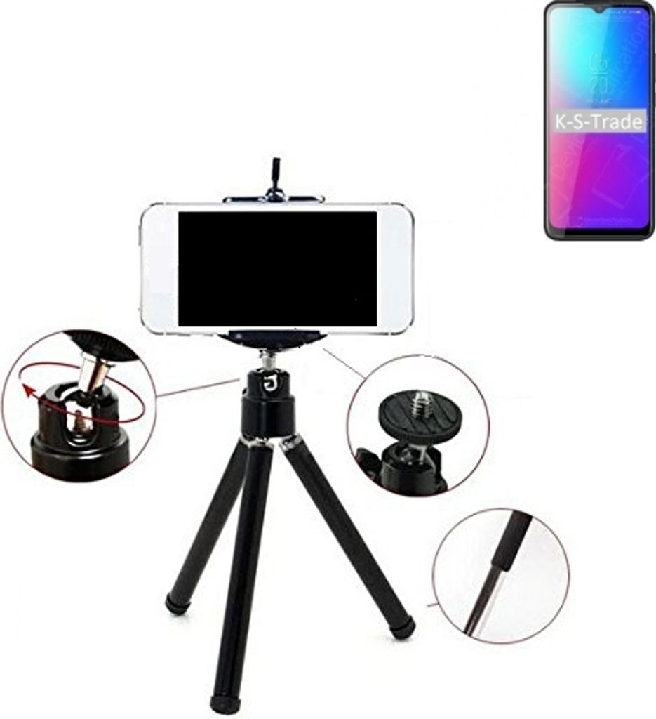 K-S-Trade Smartphone Stativ Dreibein kompatibel mit Blackview A70 Tripod aus Aluminium Klemmstativ Stativ Adapter für Mobiltelefone schwarz 1x