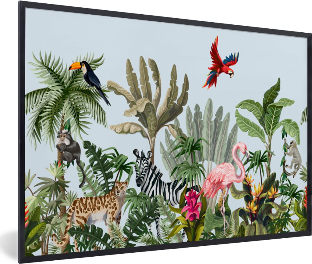 MuchoWow MuchoWow Gerahmtes Poster Dschungel - Flamingo - Affe - Jungen - Mädchen - Kinder 60x40 cm - Poster mit zchwarzem Bilderrahmen - Prin...