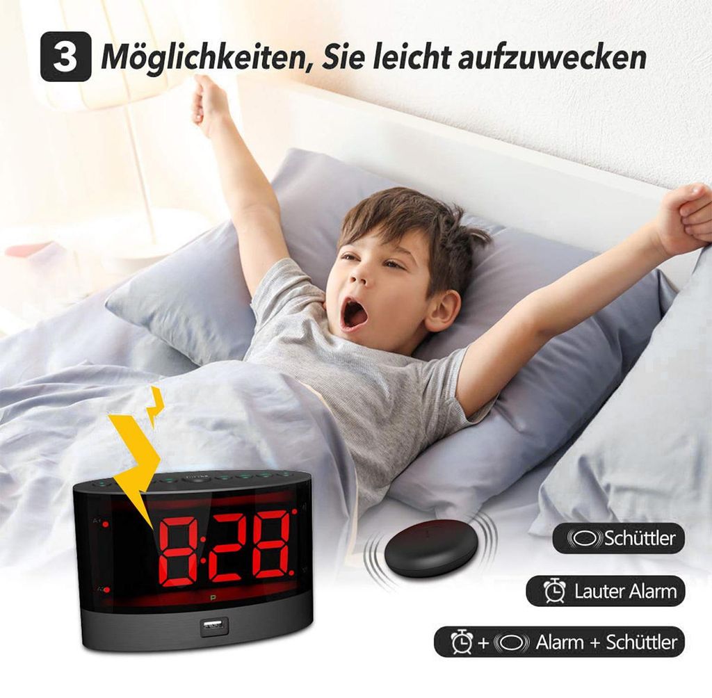 Extra lauter Wecker mit Funk-Vibration, für Schwerhörige &