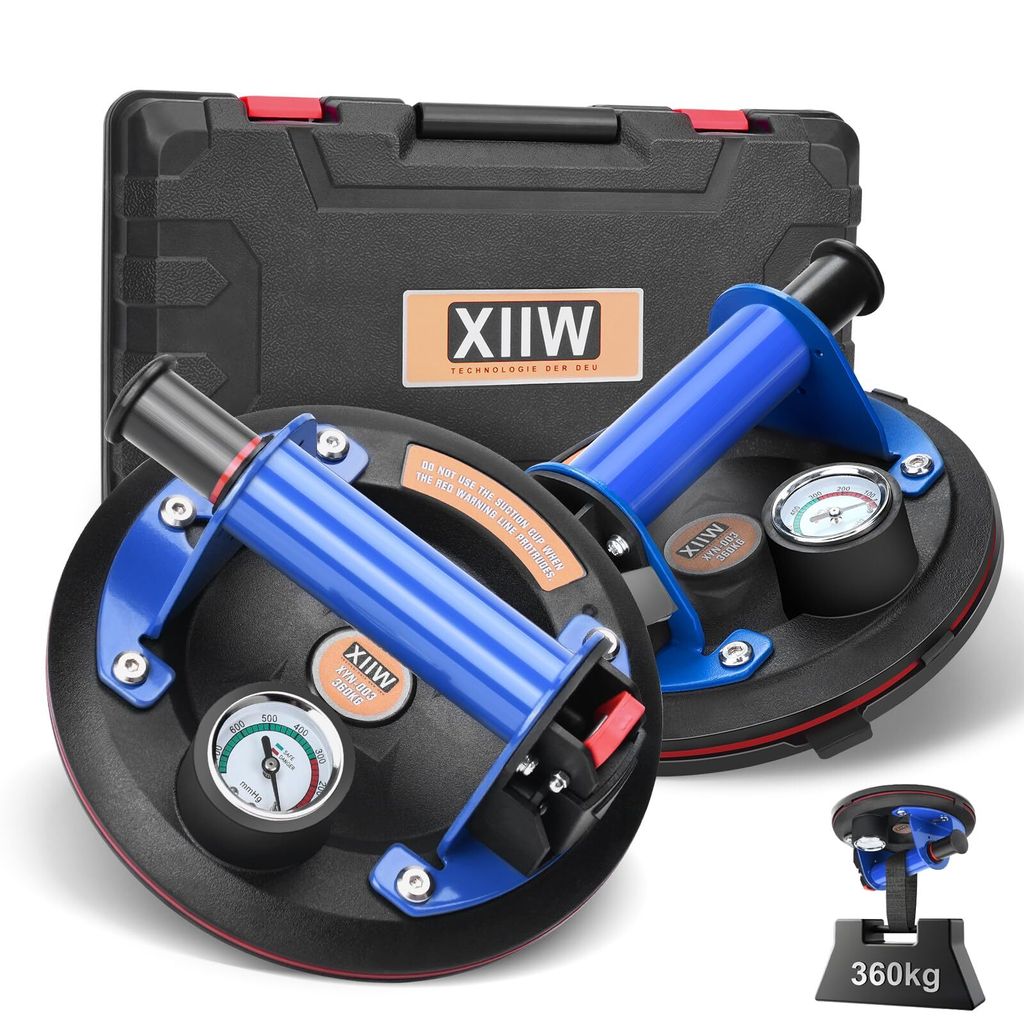 2X 8'' Saugheber Glasheber Metallgriff mit Manometer Max. 360kg, Vakuum Saugnapf Fliesenheber, Glassauger Saughalter für Fliesen,Glas,Metalle,Marmor