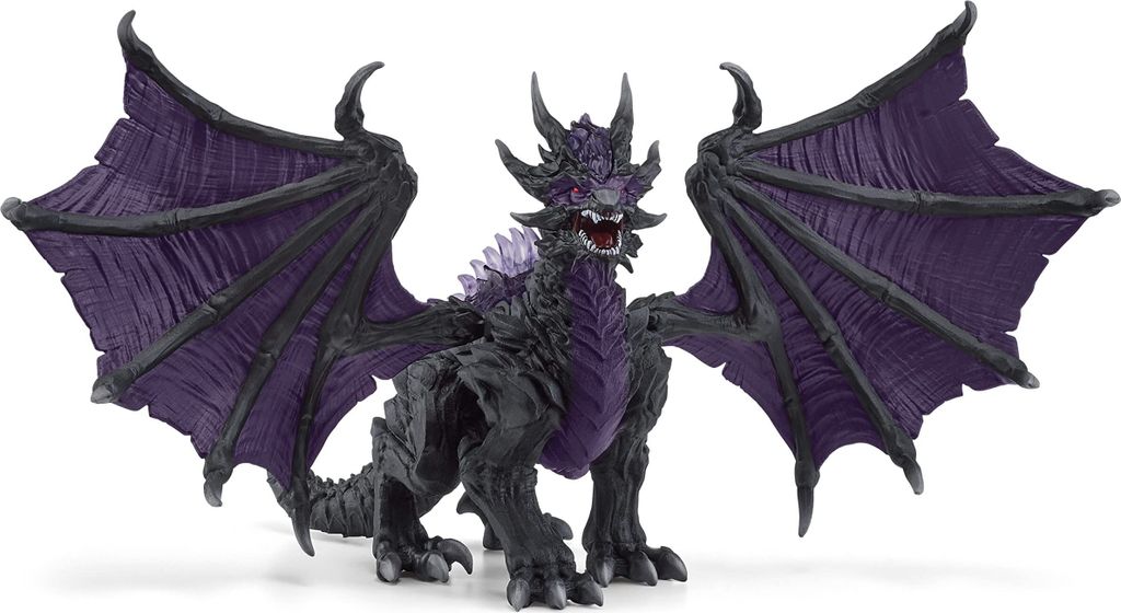 A toy dragon figure with purple wings and black body, standing on a white background.