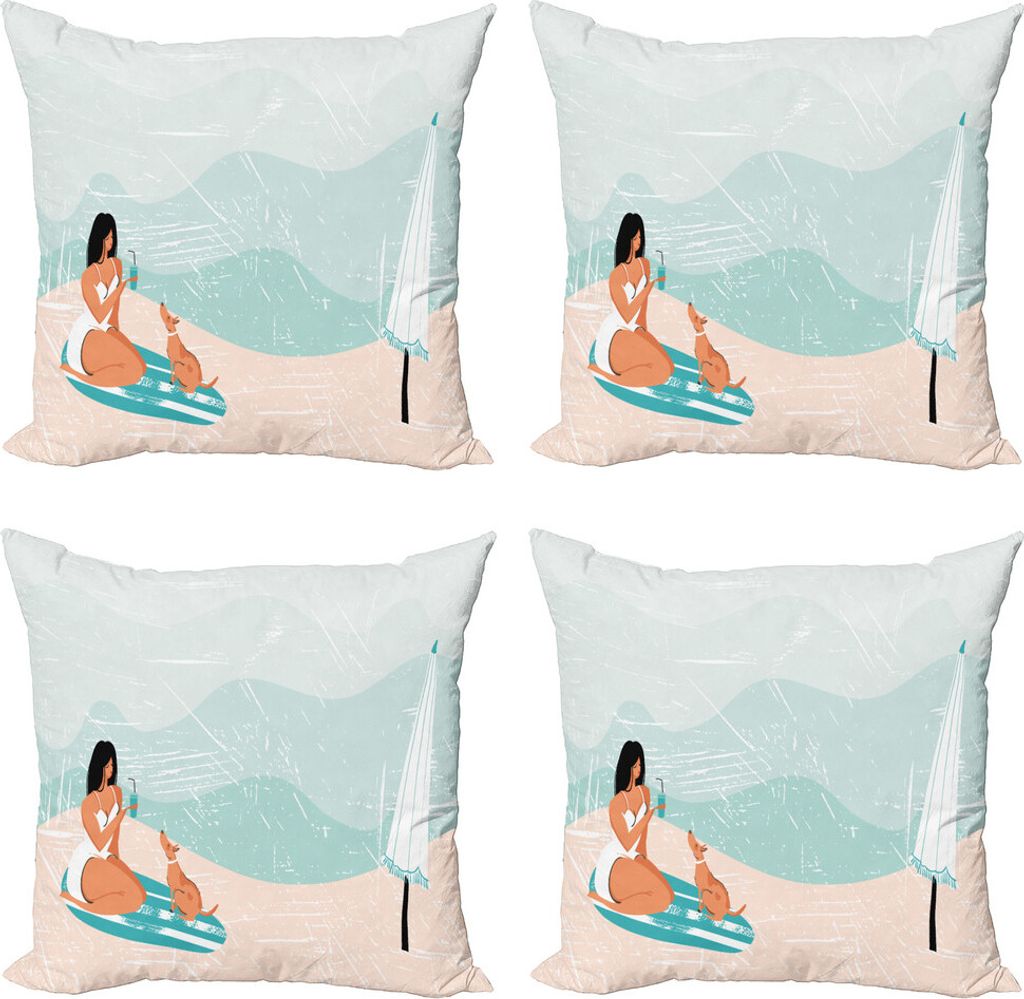 ABAKUHAUS Grafik-Strand Kissenbezug Set (4 Stück), Mädchen und Hund im , Moderner Doppelseitiger Digitaldruck, 45 cm x 45 cm, Mehrfarbig