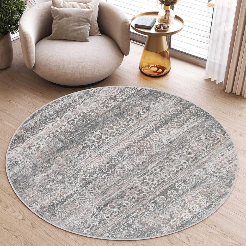 Tapiso Teppich VALLEY Rund Vintage Grau Beige Schlafzimmer 100 x 100 cm