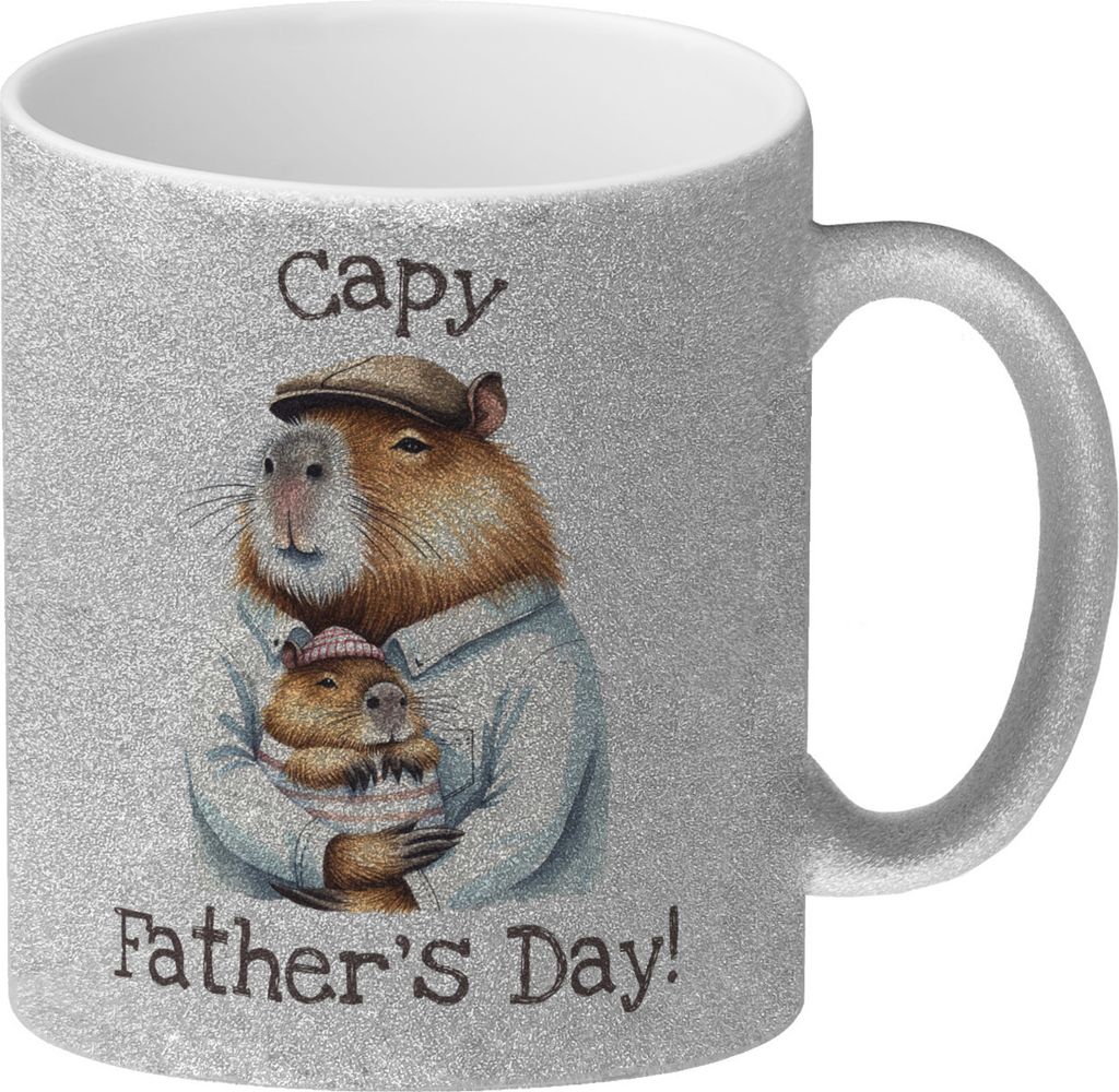 Capybara-Papa Aquarell-Optik Glitzer-Kaffeebecher mit Spruch Capy Father's Day