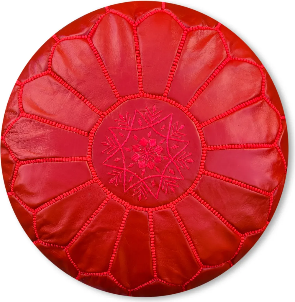Pouf cuir rouge fait main - Design marocain traditionnel - Livré garni