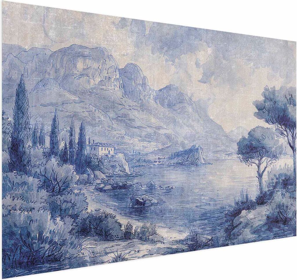 Posterpapier Poster - Blue Bay - Italian Landscape of Lake Como Painted in Blue Ink 42x29.7 cm Landschaften c-H-10026-ao-a