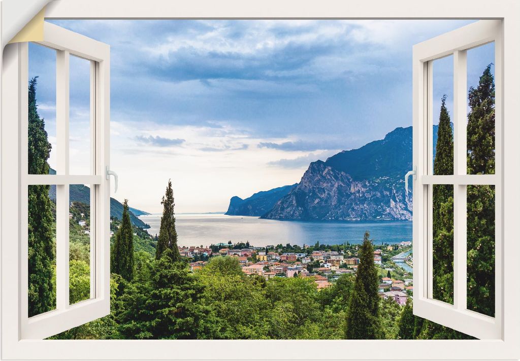 ARTland Wandbild, selbstklebend Gardasee durchs weiße Fenster Größe: 100x70 cm