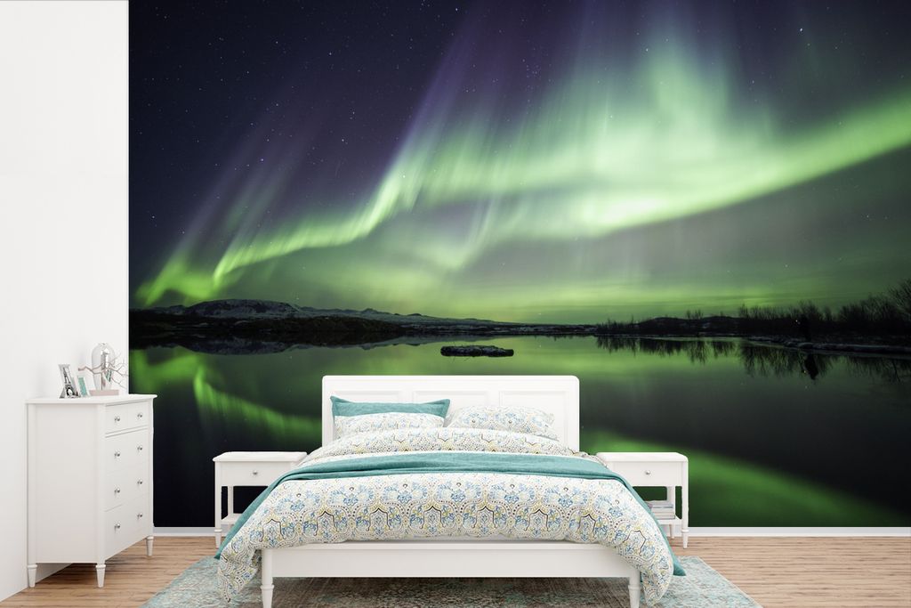 MuchoWow Fototapete für Wohnzimmer oder Schlafzimmer Wandtapete Vinyl Motivtapete Nordlicht - See - Island - Grün - Wald - Schnee - 390x260 cm ...