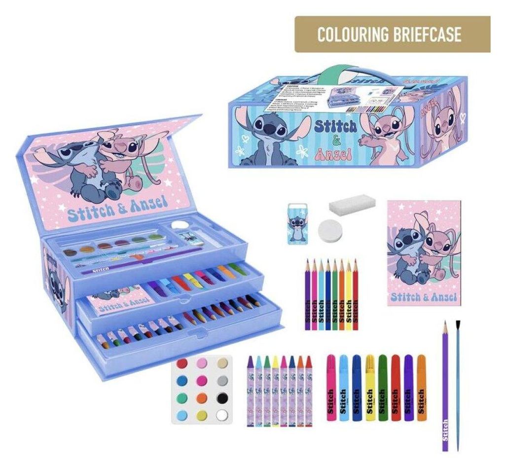 A collage of a Disney Stitch coloring briefcase and its contents, including pencils, crayons, and watercolors.